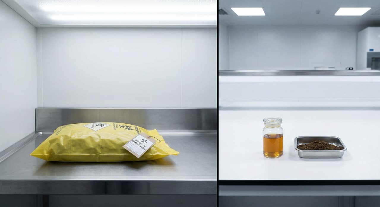 Split image showing sterile PHANTOM output streams side by side — a clear amber liquid hydrolysate fraction on the left and a dry dark granular solid residue on the right — both classified as non-hazardous and eligible for agricultural land application.