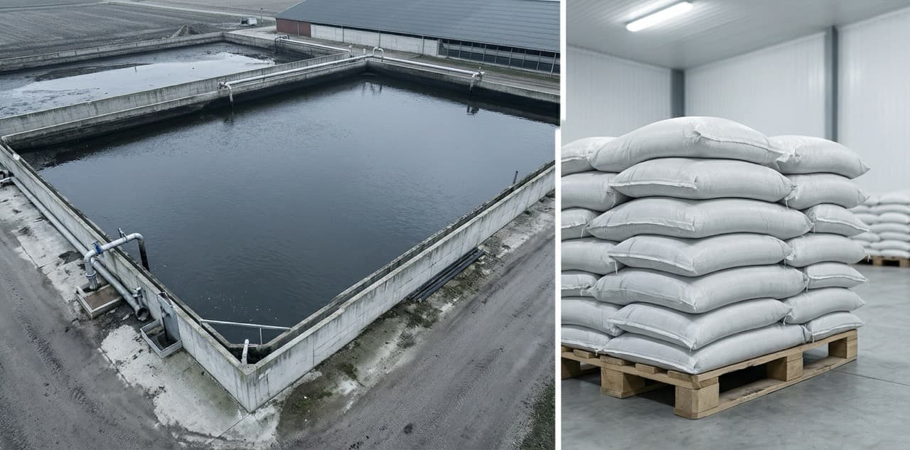 Traditional manure lagoon versus bagged organic fertilizer ready for distribution — PHANTOM Ecotech waste-to-value conversion