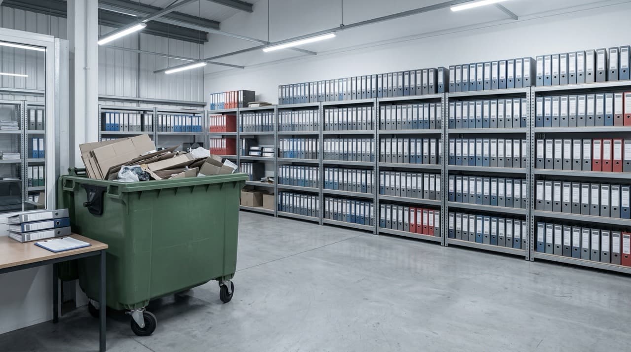 Interior of a UK manufacturing facility dispatch zone showing mixed packaging waste in an industrial skip — the unsegregated waste stream that makes Scope 3 Category 5 measurement inaccurate and CBAM verification impossible.