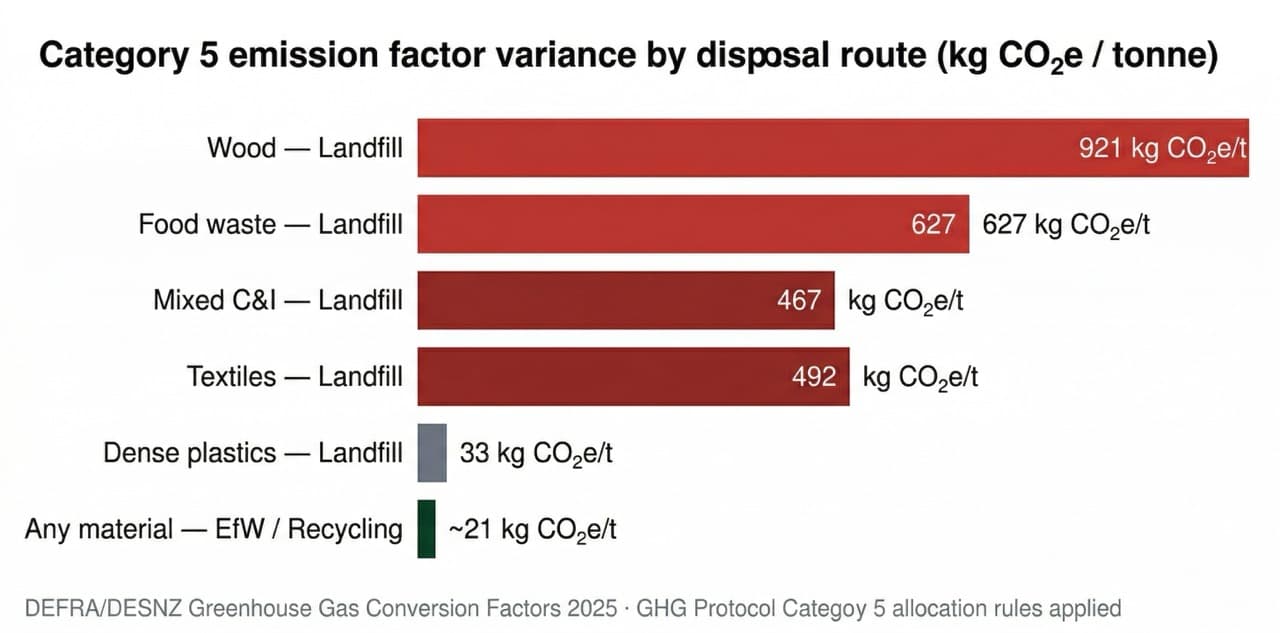 Bar chart comparing DEFRA 2025 Category 5 emission factors by disposal route: wood to landfill 921 kg CO₂e per tonne versus any material to EfW or recycling at 21 — a 44x variance that makes disposal route data mandatory for accurate Scope 3 reporting.