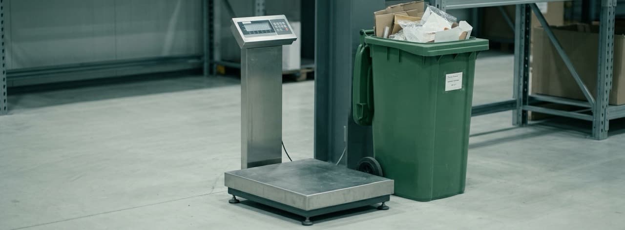 Industrial platform scale beside an EWC-labelled waste bin in a manufacturing facility — the gravimetric weighing infrastructure required to produce the activity-based Category 5 data CBAM verifiers and CSRD auditors will accept.