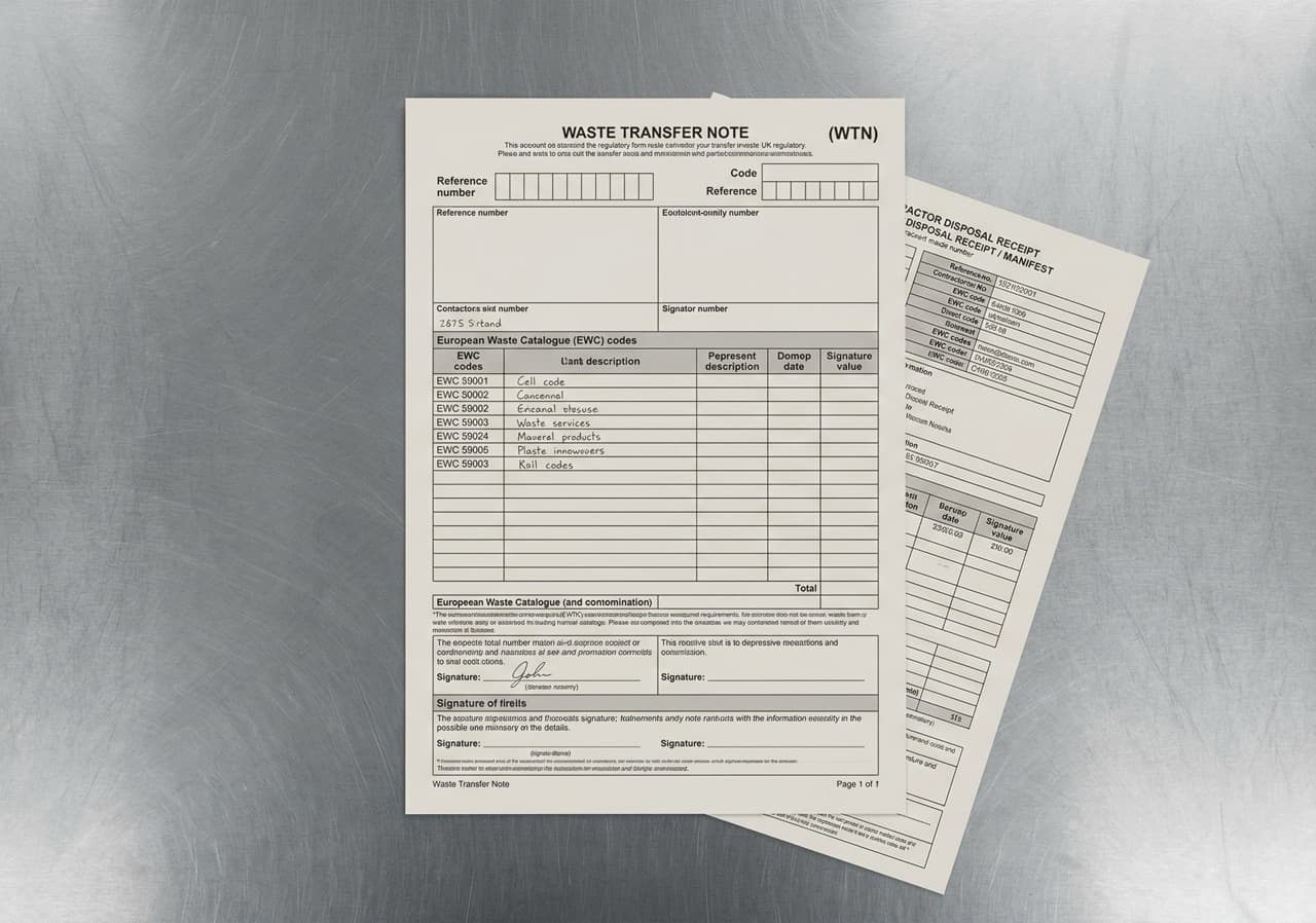 UK Waste Transfer Note with EWC code entries beside a contractor disposal manifest — the activity-based paper trail CBAM declarants require from UK exporters, which spend-based Scope 3 estimation cannot produce.