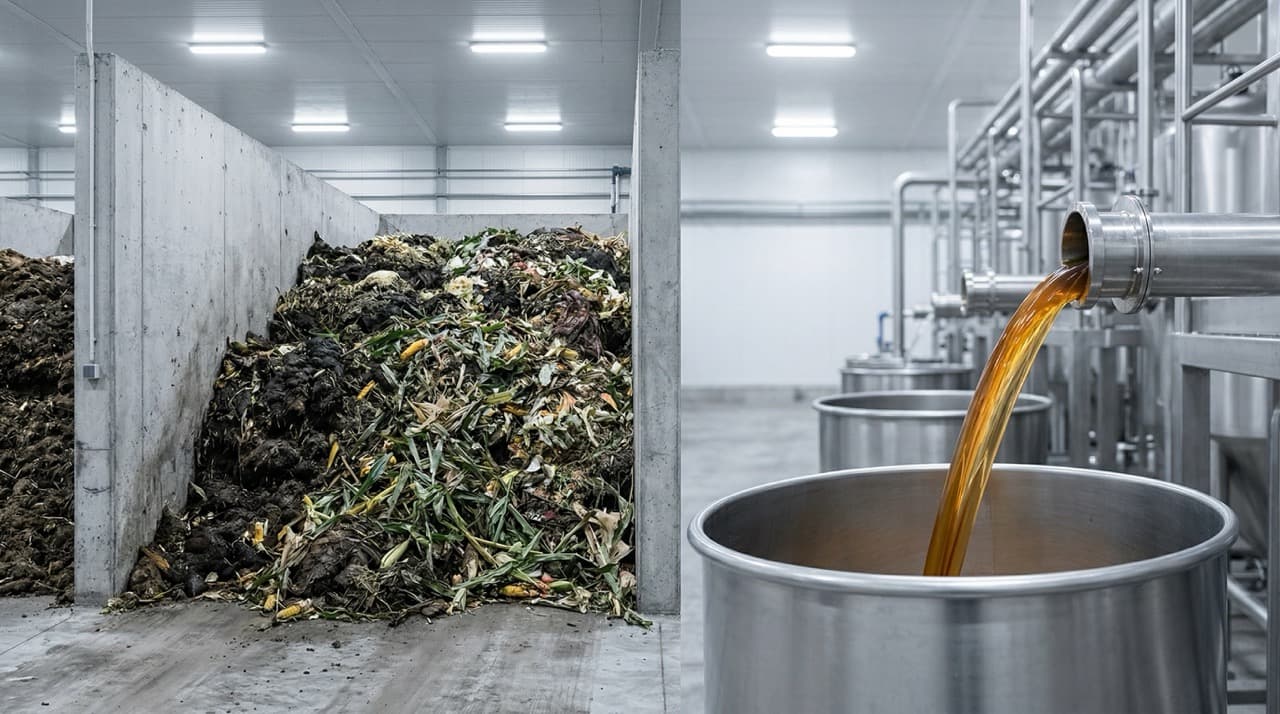 Split image of organic wet waste bales on a UK processing facility forecourt alongside a glass sample container of clear amber sea water fertilizer hydrolysate — representing the conversion from waste disposal liability to recoverable NPK asset via subcritical water hydrolysis.