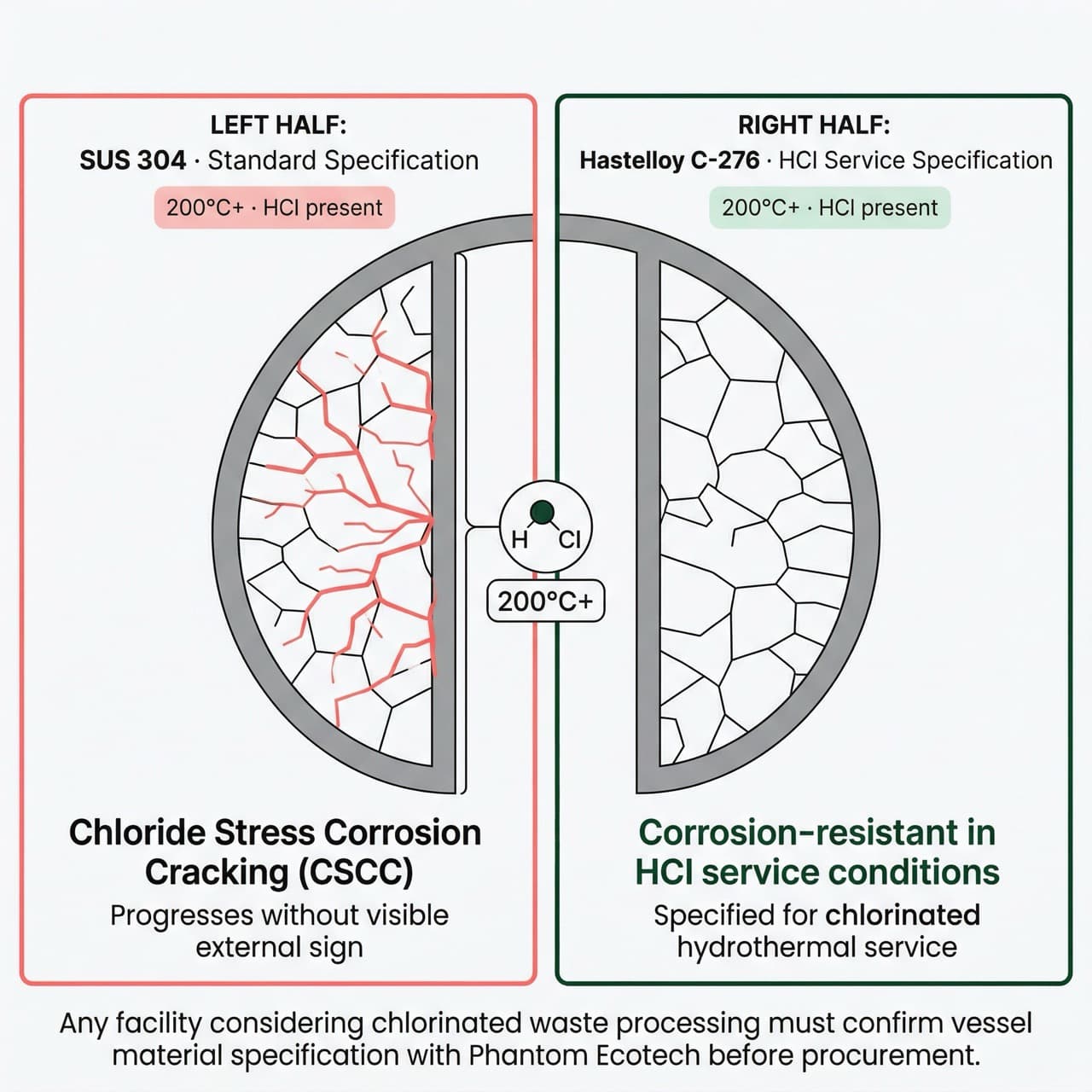 Technical cross-section comparison of SUS 304 stainless steel showing chloride stress corrosion cracking propagation versus Hastelloy C-276 high-nickel alloy showing intact grain boundary resistance — both under HCl-generating subcritical hydrothermal service conditions at 200°C+