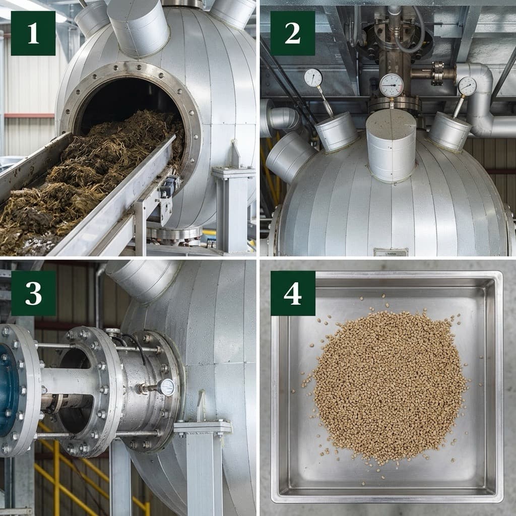 Steps 1–4 of the Phantom subcritical water hydrolysis sequence — feed in, pressurisation, subcritical state, and sterile output collection — the complete 30-minute treatment cycle for livestock manure