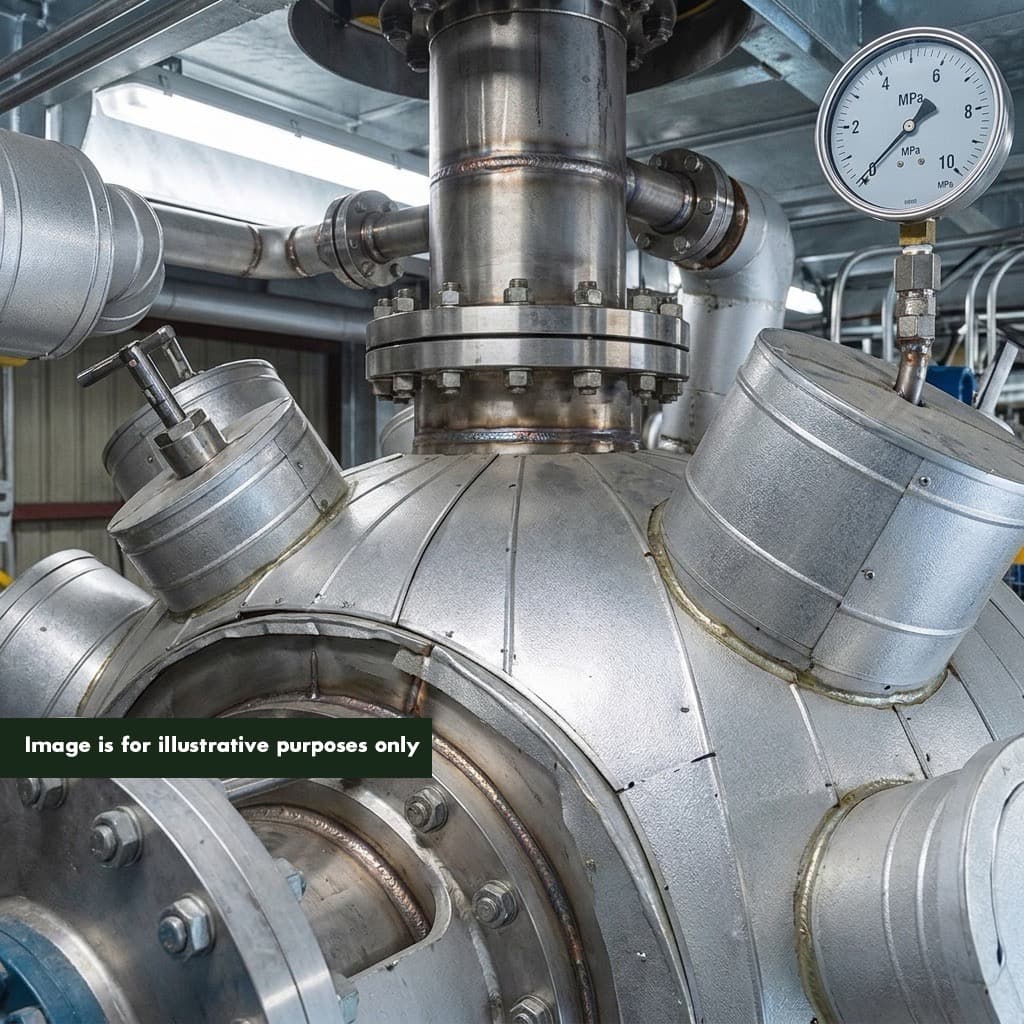 Close-up of PHANTOM subcritical water hydrolysis pressure vessel temperature gauge and stainless steel flange at operating conditions — showing the 150–200°C process window that achieves maximum NPK extraction from organic waste feedstock.