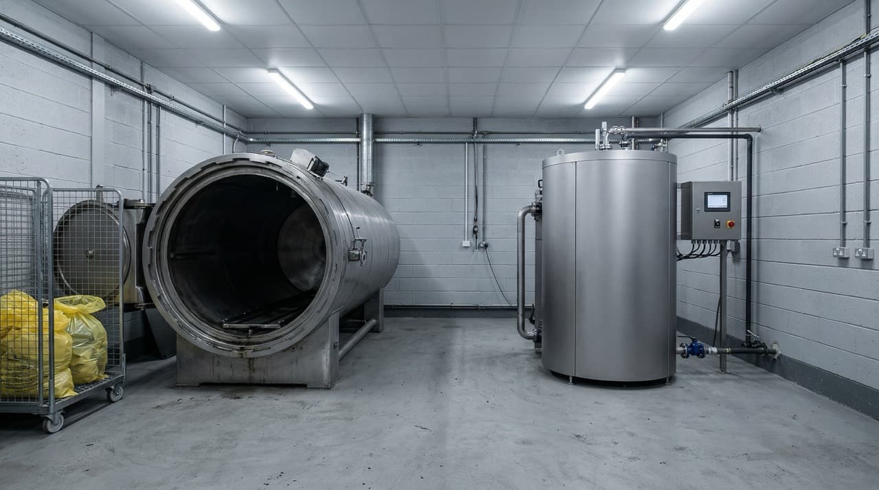 Hospital sterile services department with sealed orange clinical waste bags on a wheeled trolley and an industrial autoclave chamber in the background — the standard infectious waste treatment setup that subcritical water hydrolysis aims to replace.