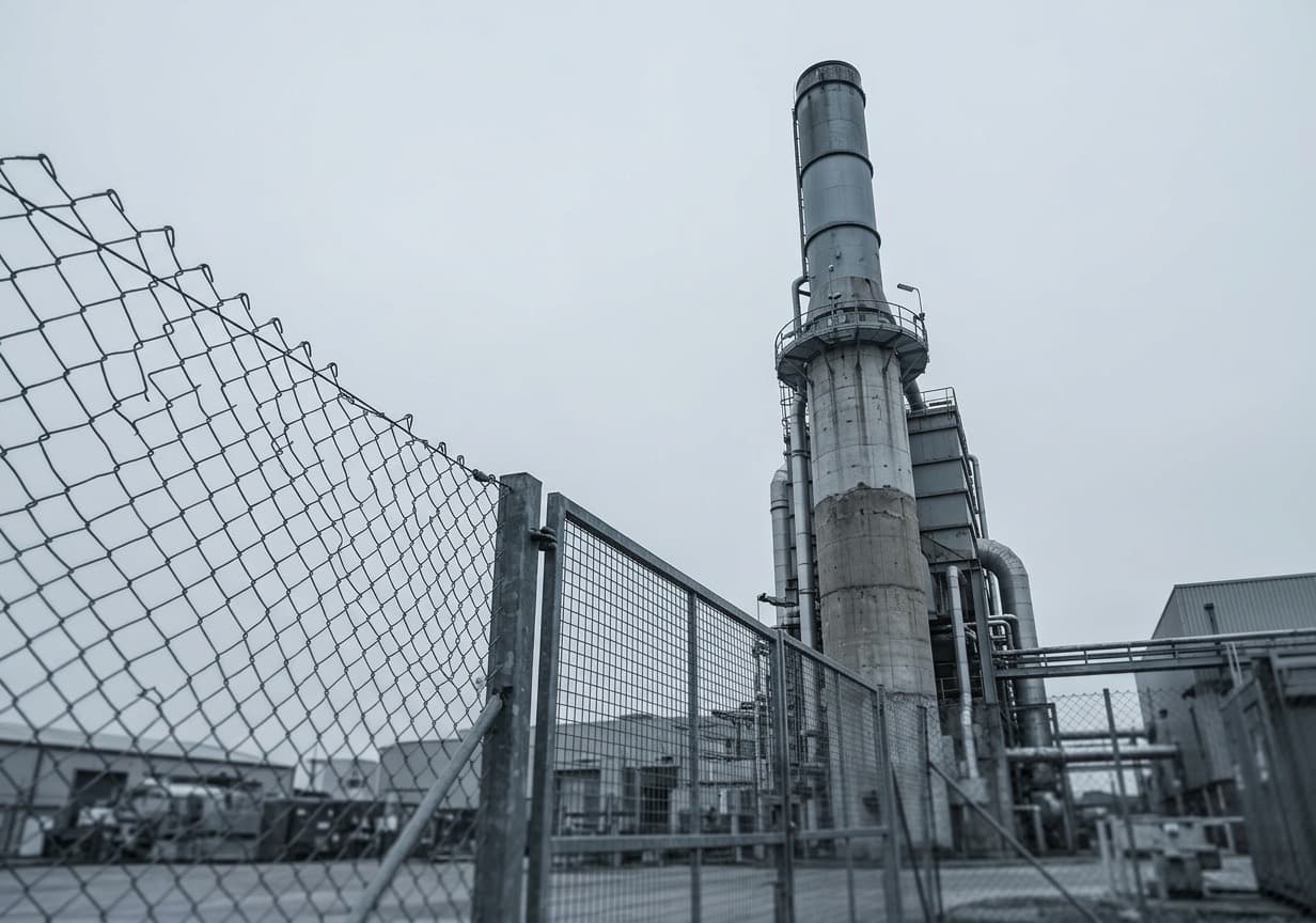 Industrial energy-from-waste facility chimney stack against overcast sky with security fencing — representing the incineration infrastructure that will absorb UK ETS carbon pricing from 2028, adding approximately £48 per tonne to clinical waste disposal costs.