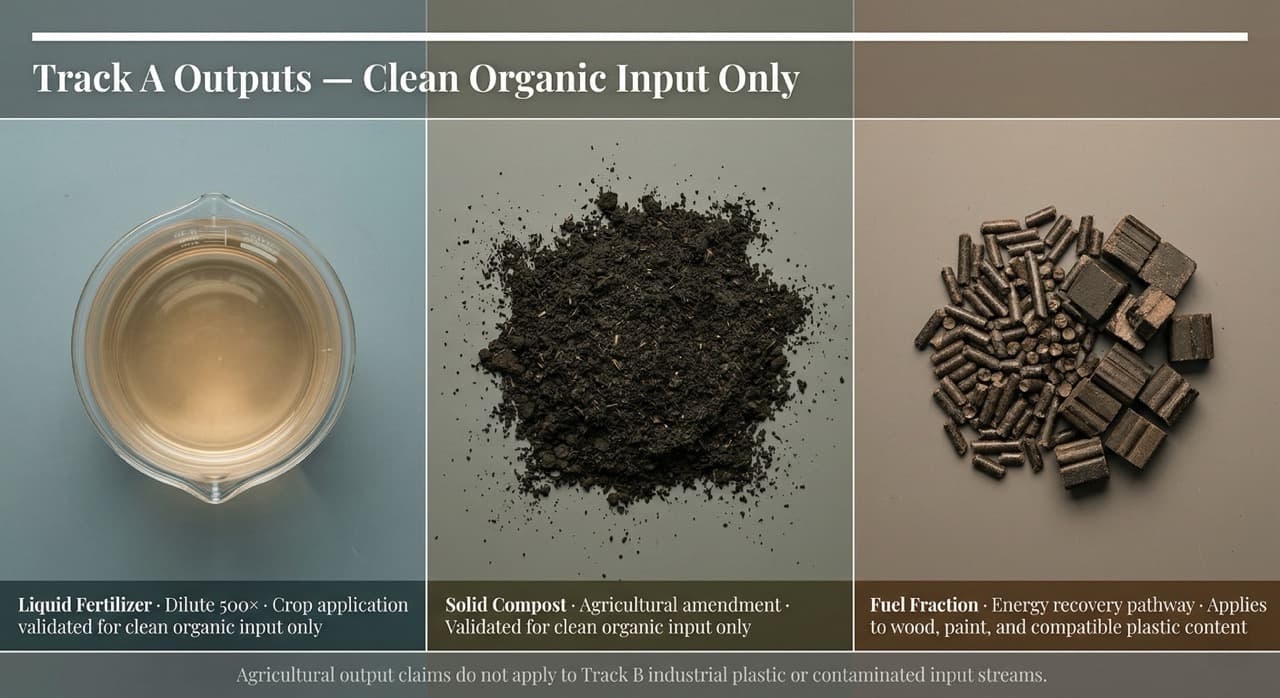 PHANTOM Track A validated outputs from clean organic waste streams: liquid fertilizer for crop application (500× dilution), solid compost for agricultural amendment, and fuel fraction for energy recovery — applicable to clean organic input only, not industrial plastic streams