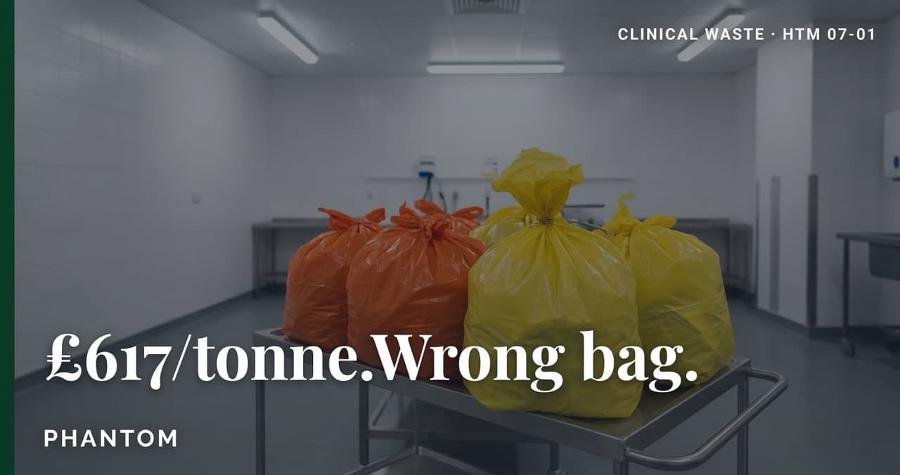 Overhead view of orange and yellow clinical waste bags side by side on a stainless steel NHS sluice room trolley — the wrong bag colour choice costs UK hospitals up to £319/tonne in avoidable incineration fees.